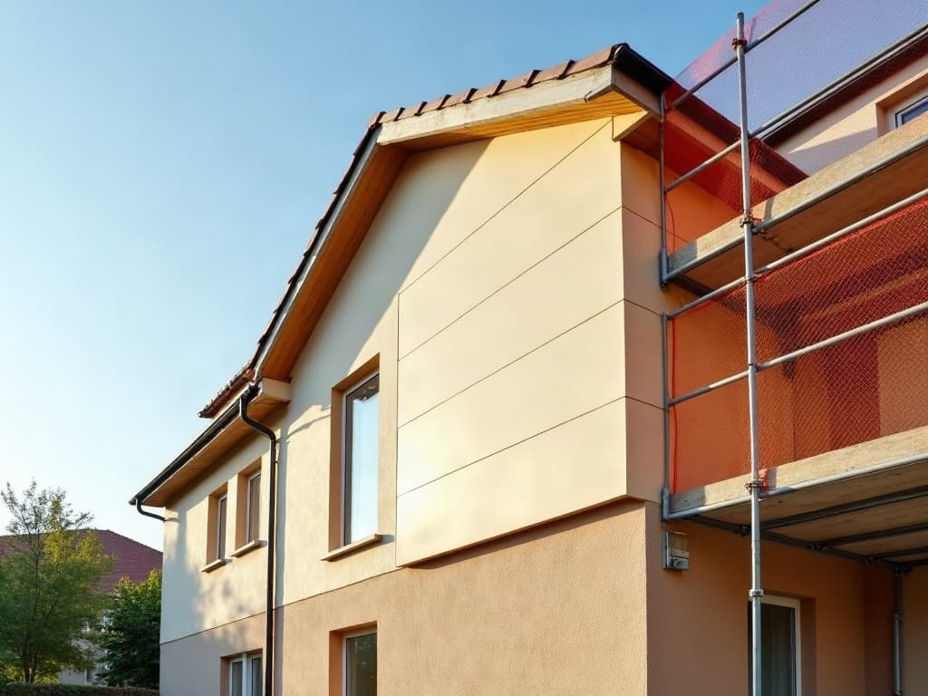 Konut cephesinde mantolama uygulaması — kısmen döşenmiş yalıtım levhaları ve iskele
