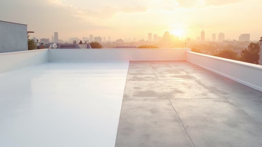 Düz teras çatı: sol yarısı yeni su yalıtım kaplamasıyla kaplı, sağ yarısı çıplak beton