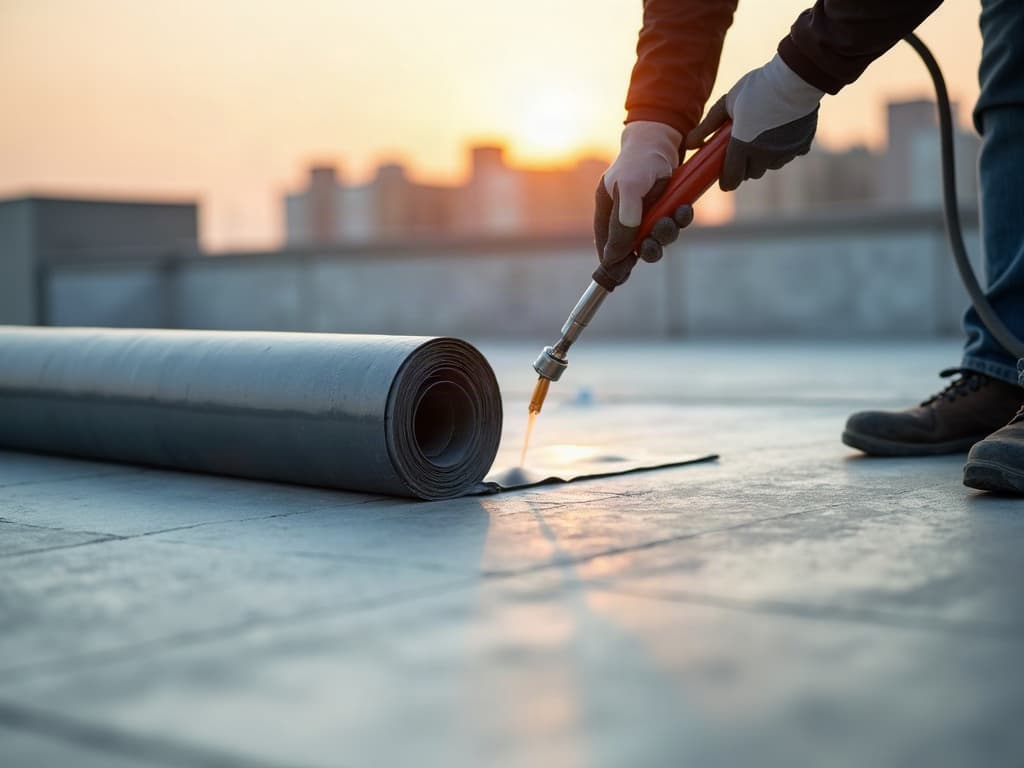 Beton çatı döşemesine şaloma ile serilen bitümlü membran, bindirme yerleri görünüyor